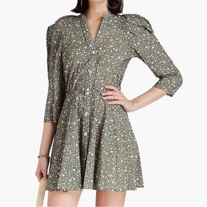 MAJE rakita puff sleeve woven pleated mini dress belted floral sage cottagecore